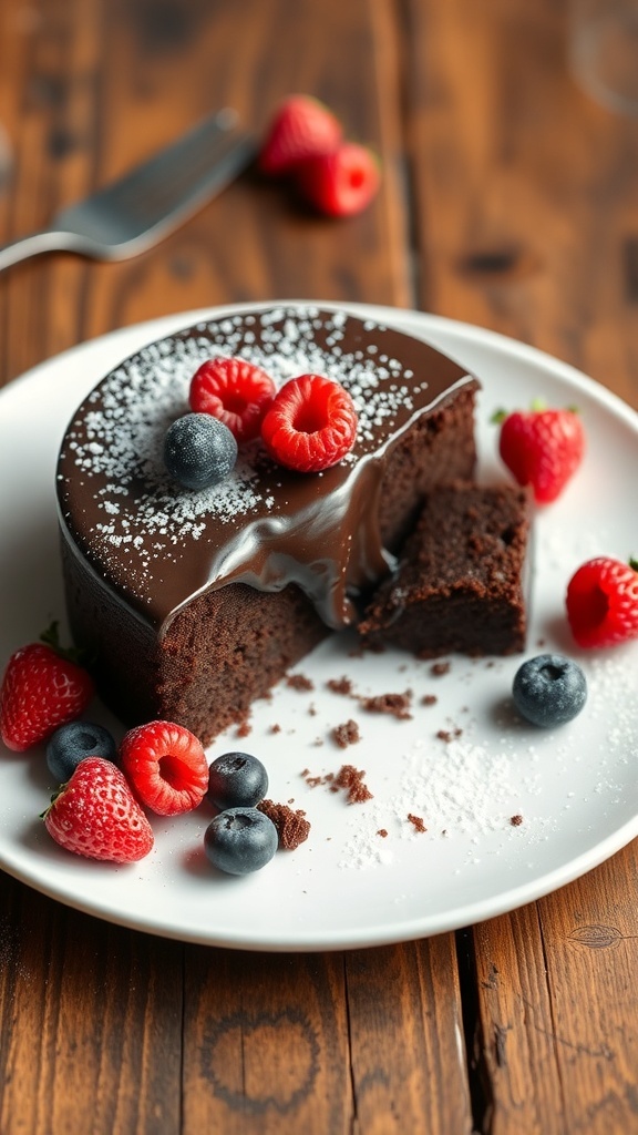 A rich flourless chocolate cake dusted with powdered sugar and garnished with fresh berries on a rustic table.